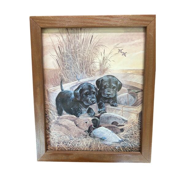 Vtg- Framed Black Lab Puppies- Duck Decoy Hunters Print Art- framed - Picture 1 of 6